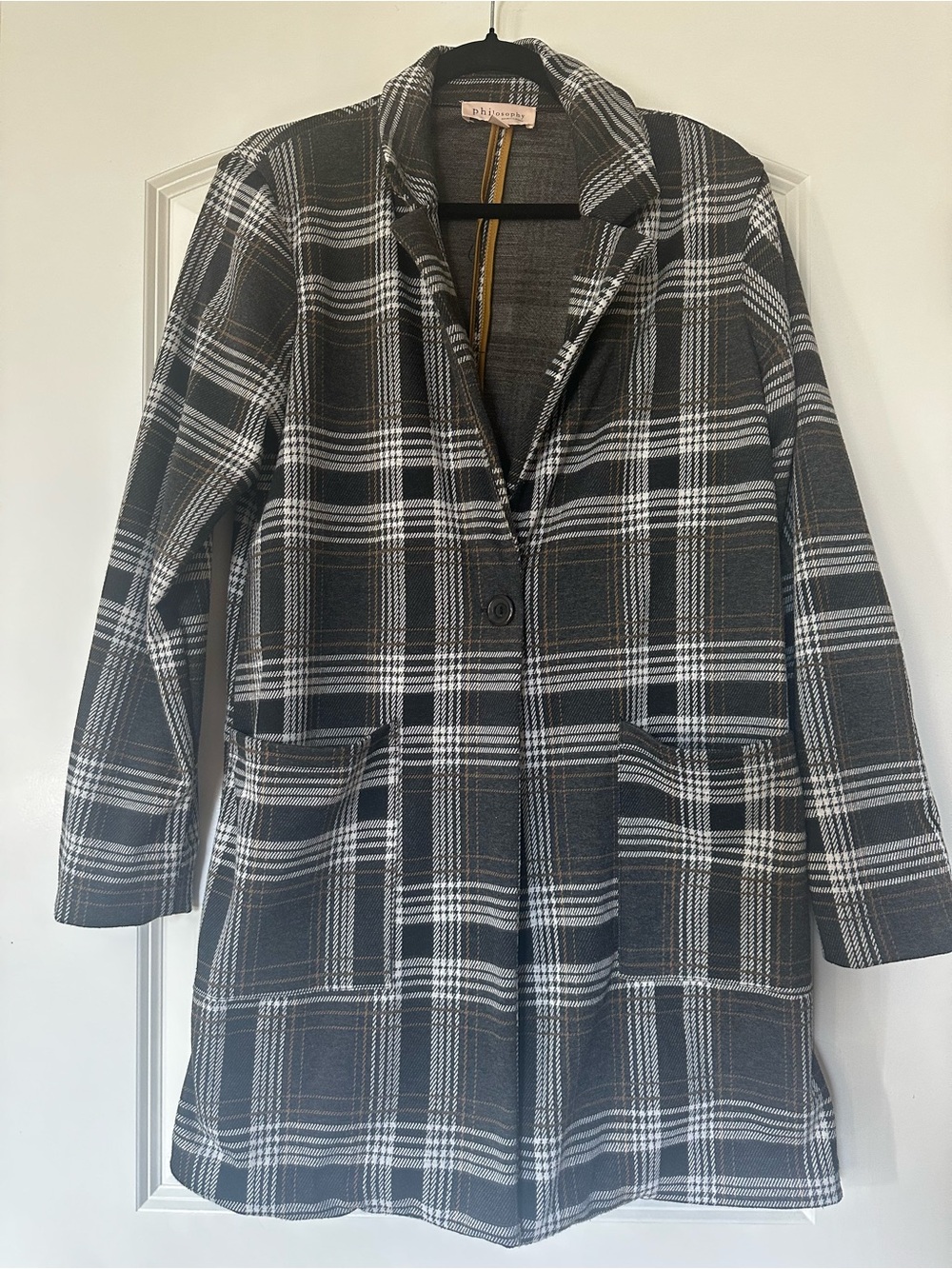 Philosophy Black & White Plaid Women’s Wool-blend Coat w golden yellow accents